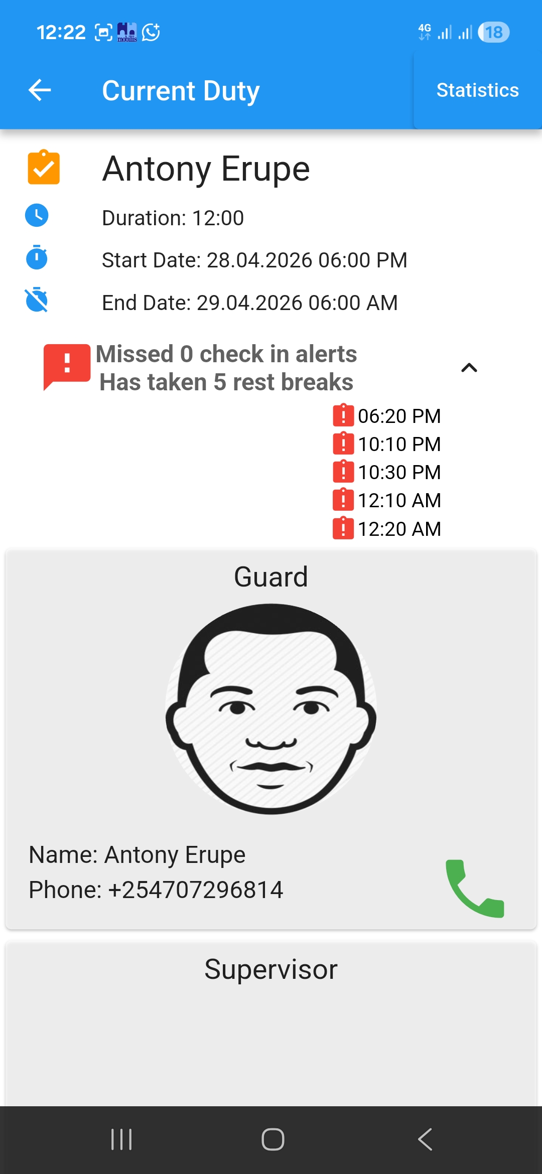 Mobiliis guard app duty screen